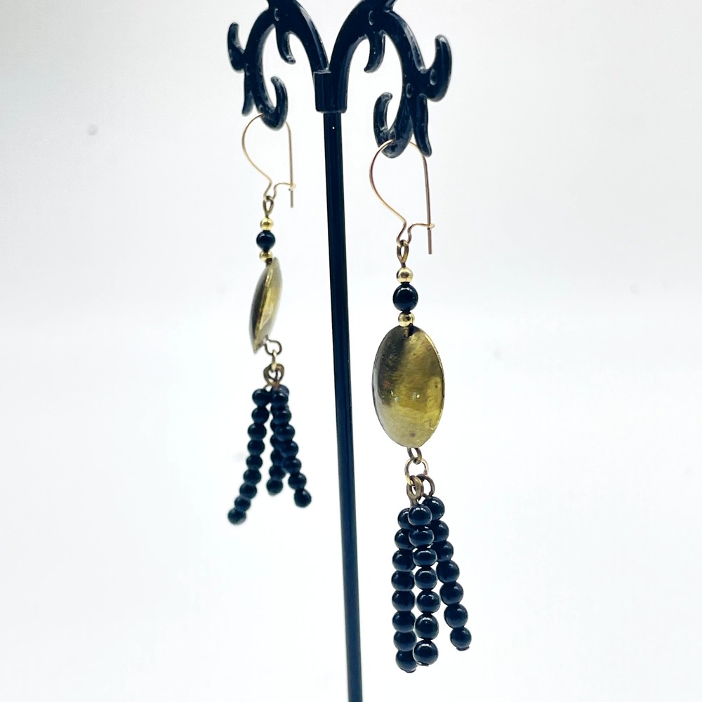 Gold Tone Disc Black Beaded Fringe Dangle Pierced Earrings Boho Statement - Picture 5 of 9
